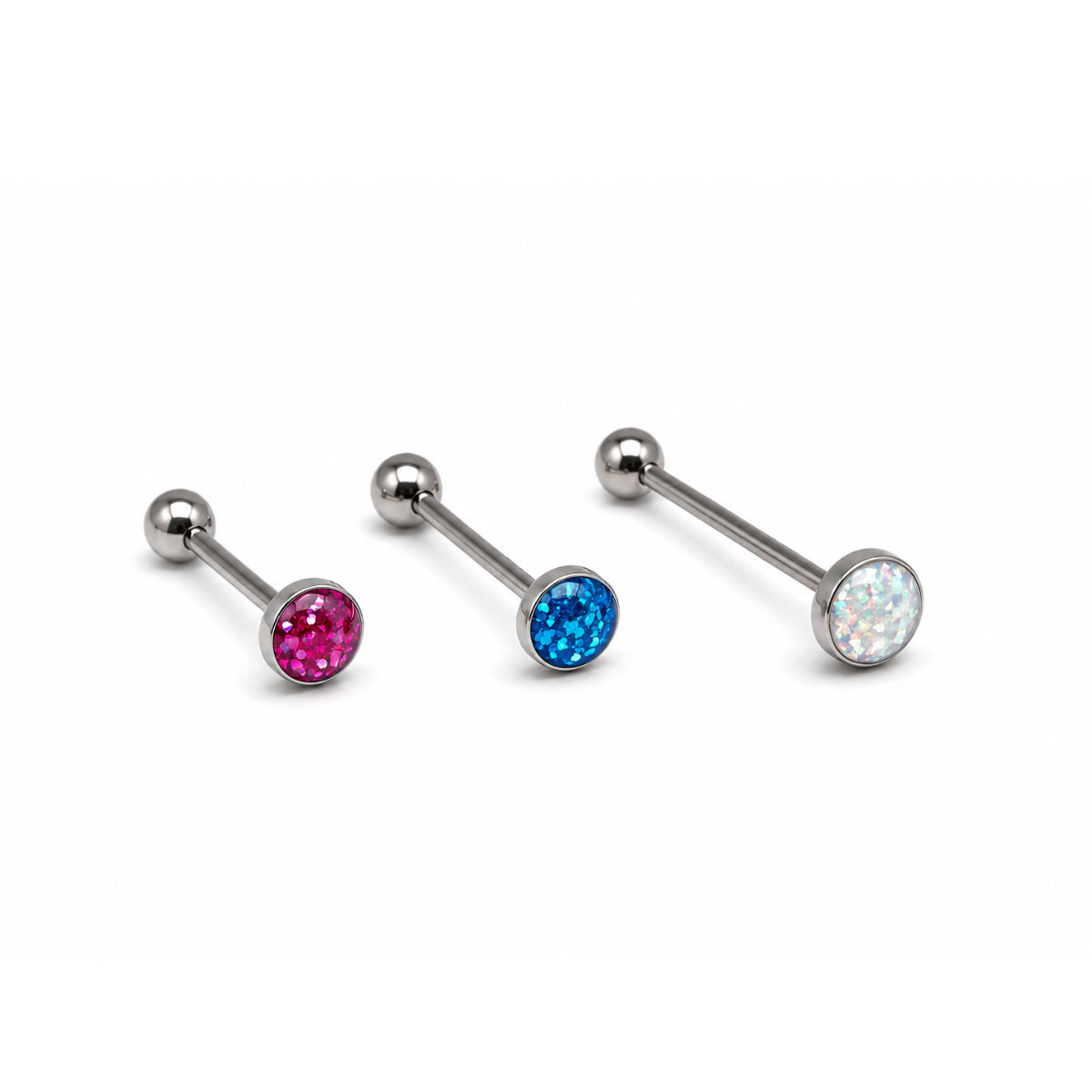 Glitter Dome Barbells Pink, Blue & White 12mm, 14mm & 16mm Tongue Bars