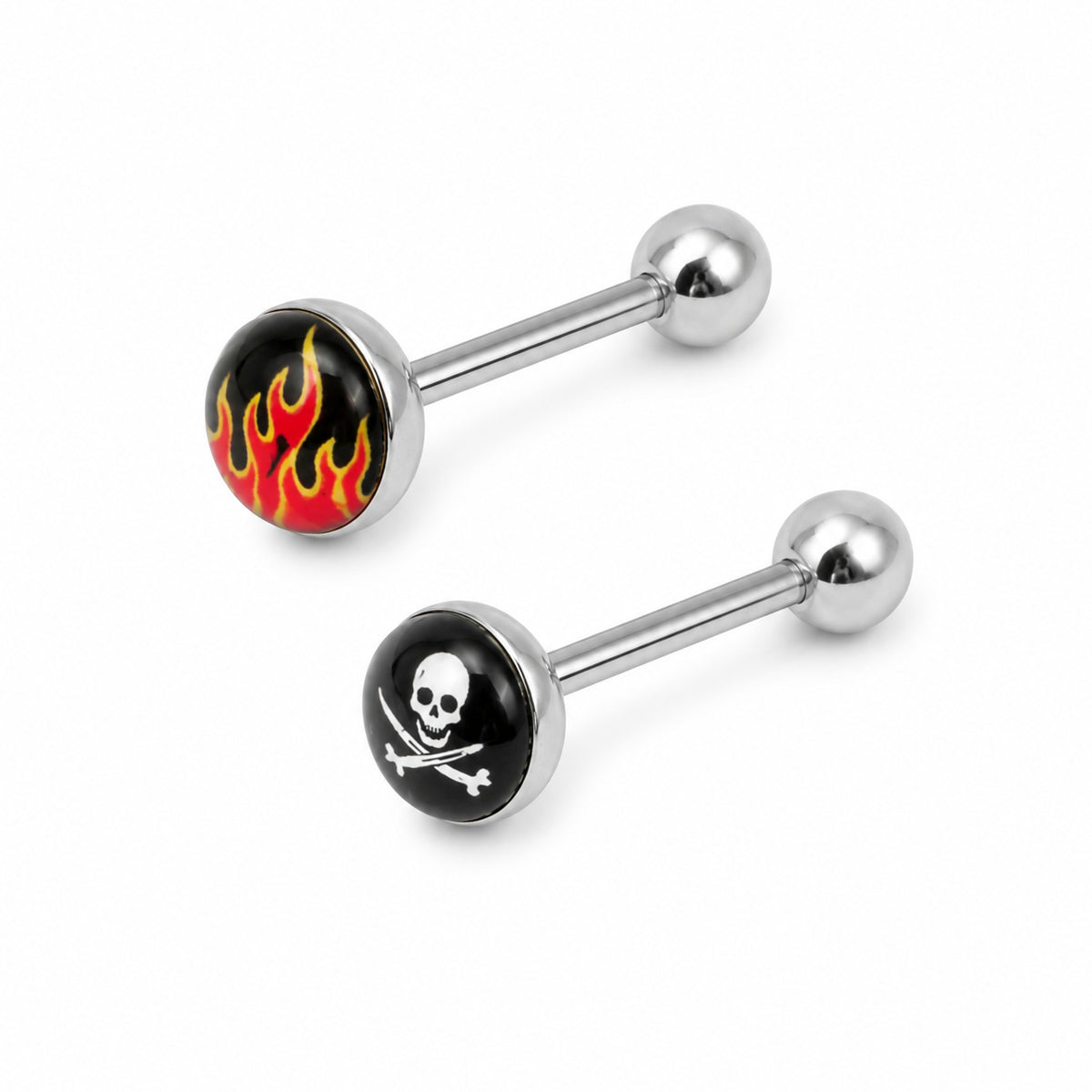 2 Pack Skull & Fire Barbells 14mm Tongue Bars