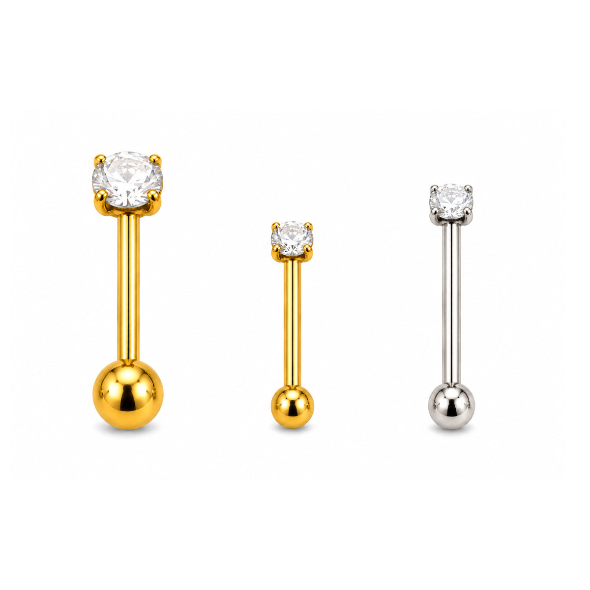 Classy Clear Gem Clasp Barbells 12mm & 14mm, Gold & Silver Tongue Bars