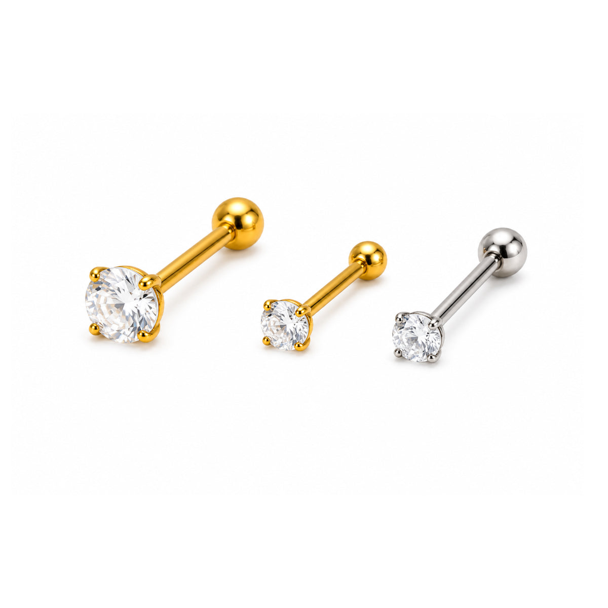 Classy Clear Gem Clasp Barbells 12mm & 14mm, Gold & Silver Tongue Bars