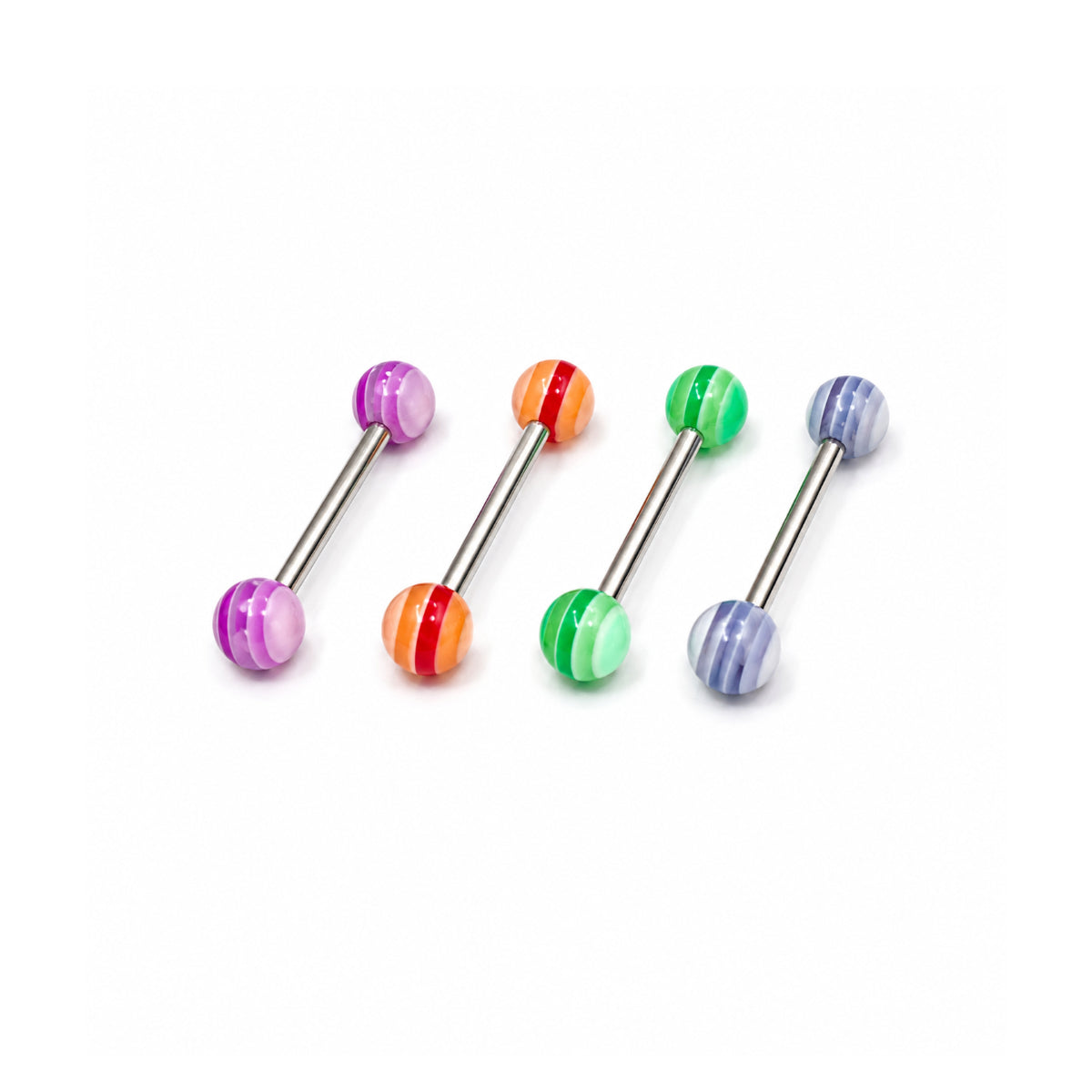 4 Pack Coloured Striped Barbells 12mm Tongue & Nipple Bars