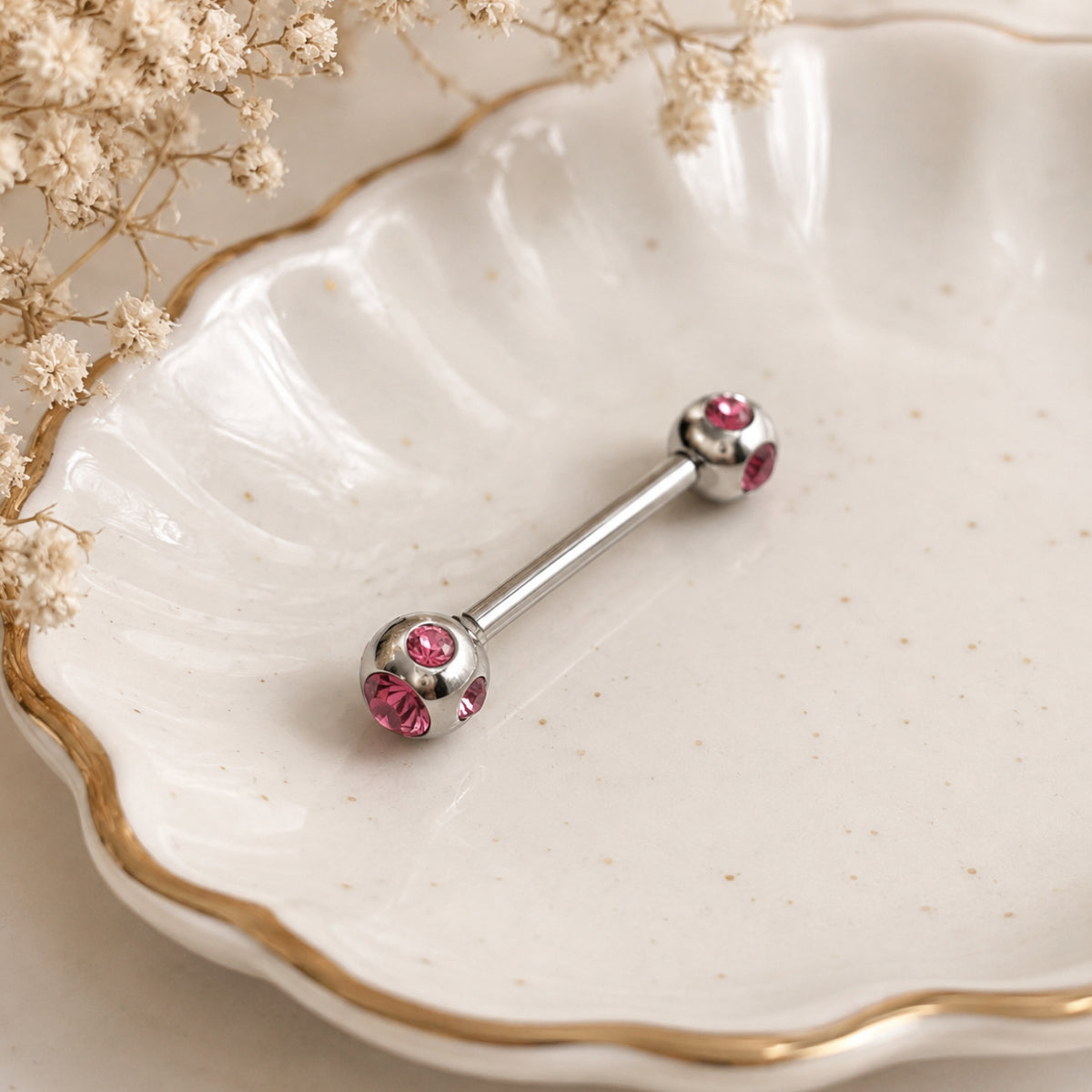 Silver and Pink Multi Gem Barbell 12mm Tongue & Nipple Bar