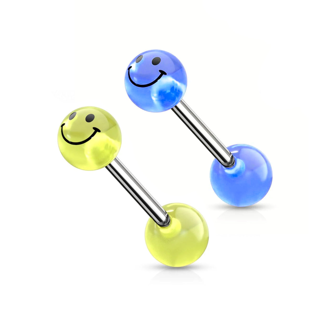 2 Pack Smiley Face Barbells - Yellow & Blue 14mm Glow in the Dark