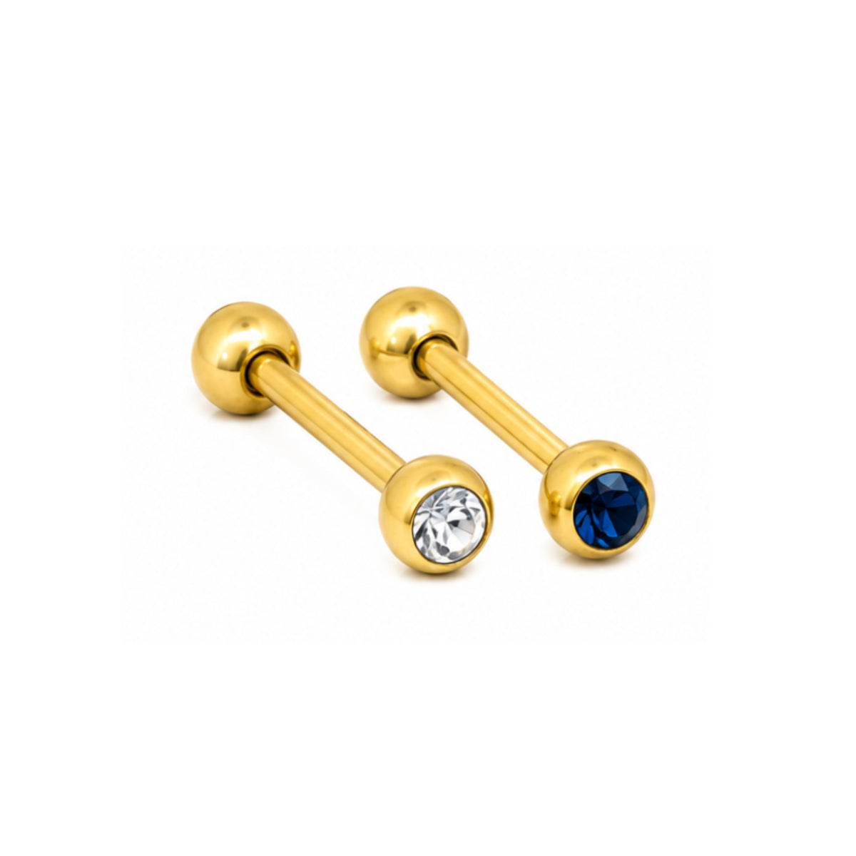 2 Pack Silver or Gold Barbells with Gems - Tongue Bar 12mm & 14mm