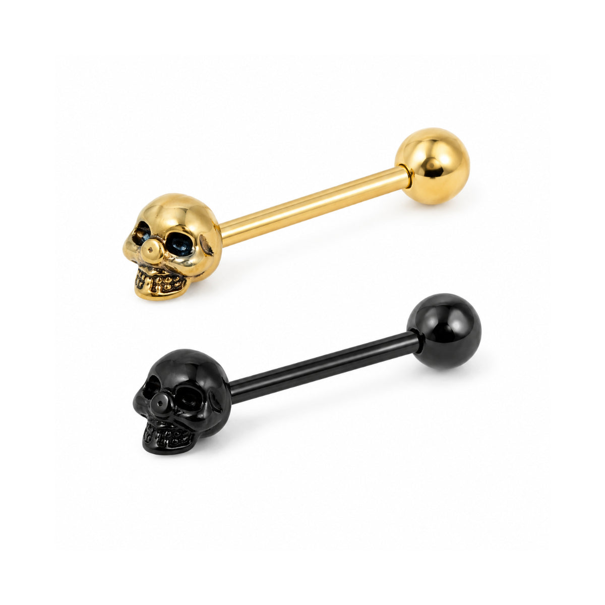2 Pack Skull Black & Gold Barbells 14mm Tongue Bars