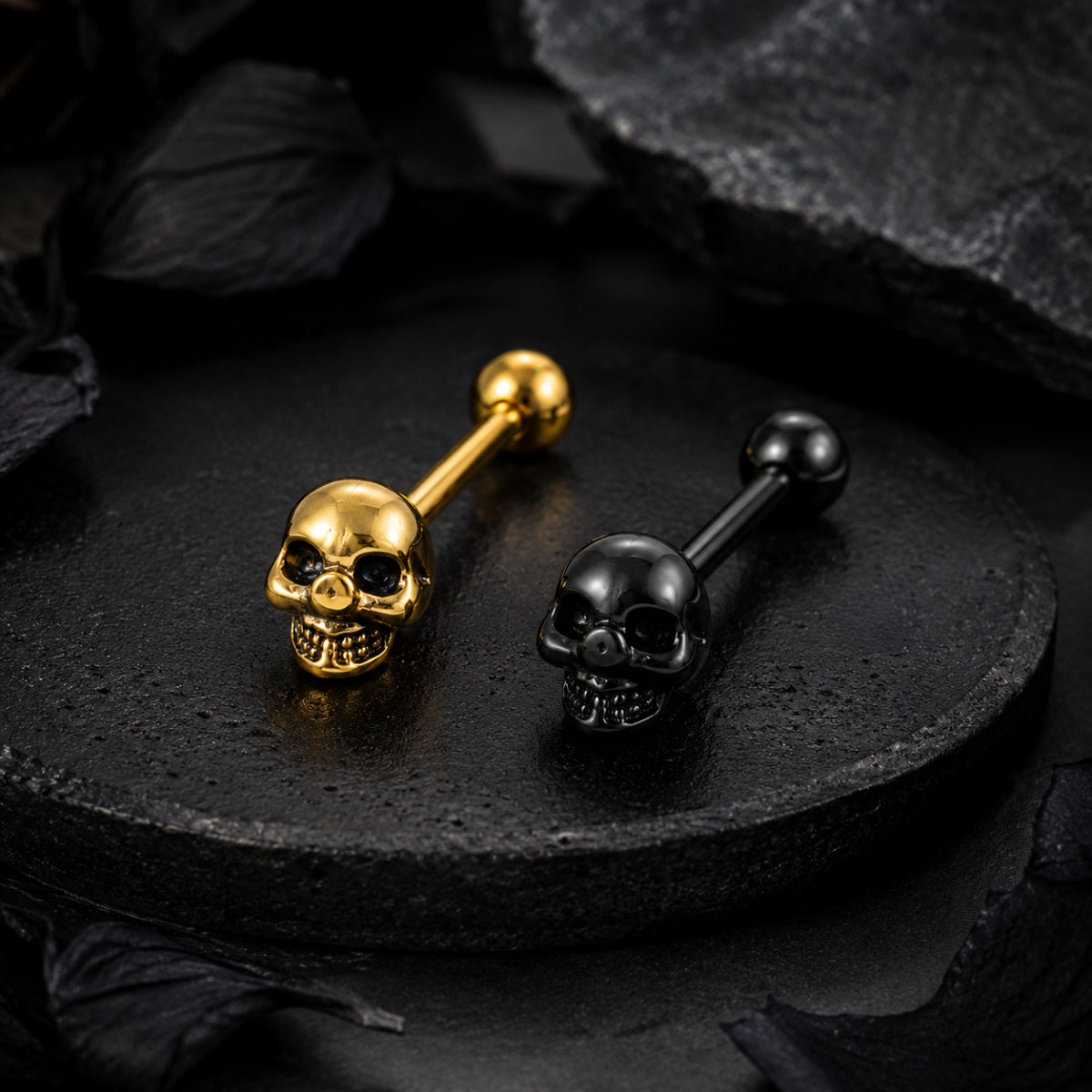 2 Pack Skull Black & Gold Barbells 14mm Tongue Bars
