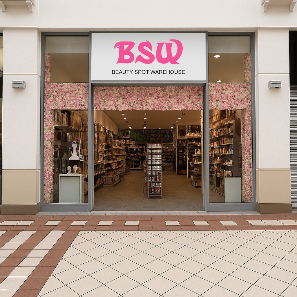 Storefront of Beauty Spot Warehouse with pink 'BSW' logo
