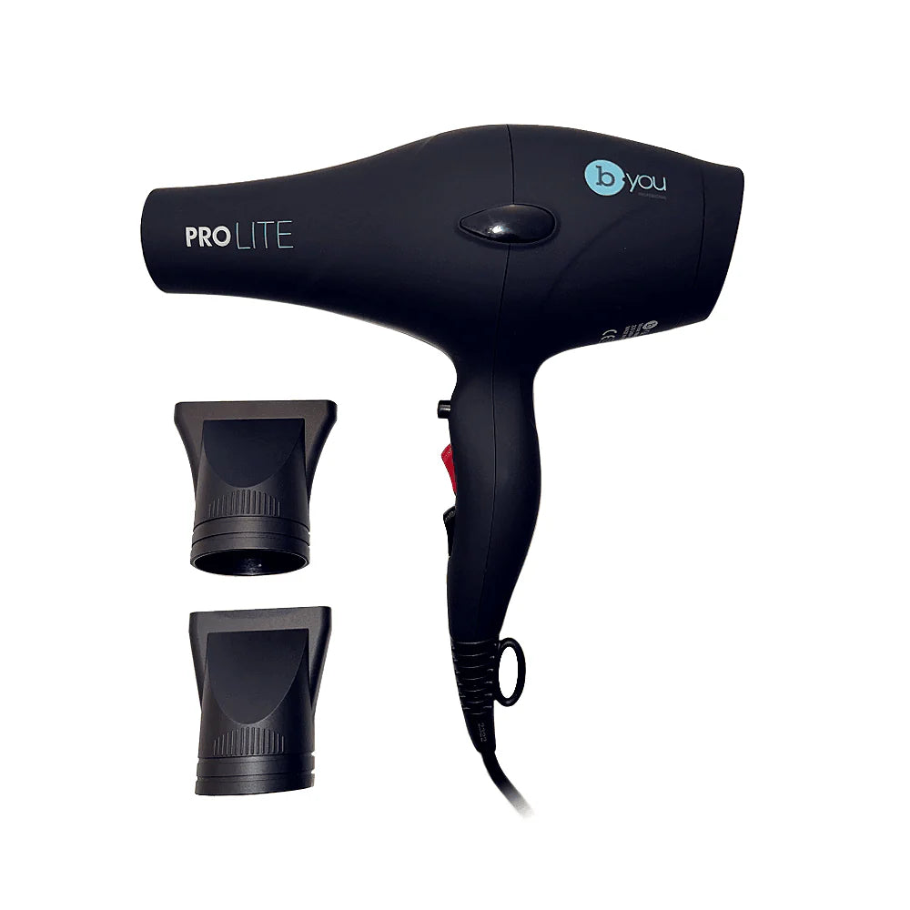 Black hair dryer with attachments on a white background