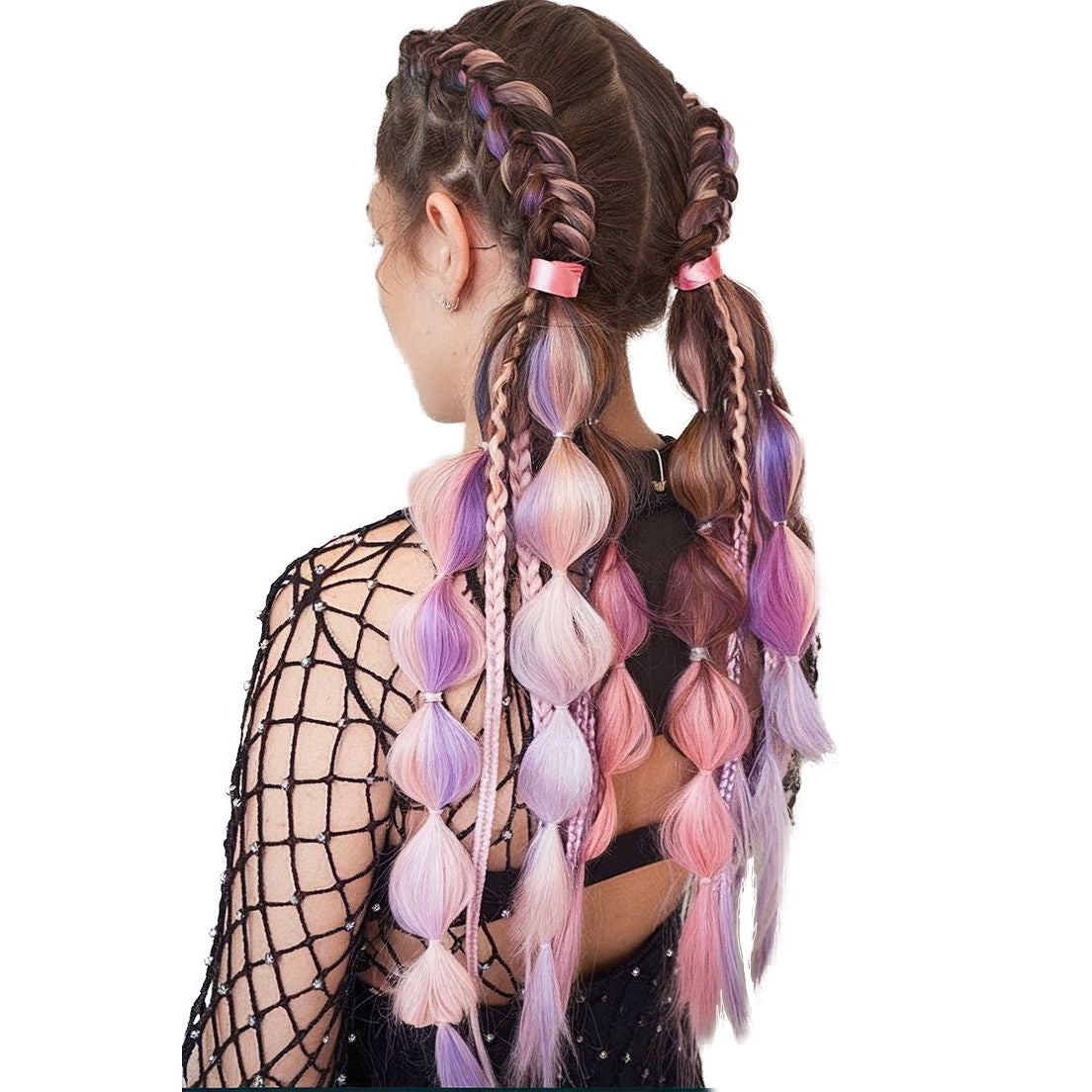 Person with braided hair extensions in pink, purple, and white on a white background