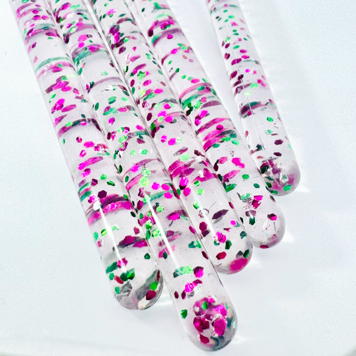 Set of 5 Acrylic Nail Brushes with Pink & Green Glitter Handles