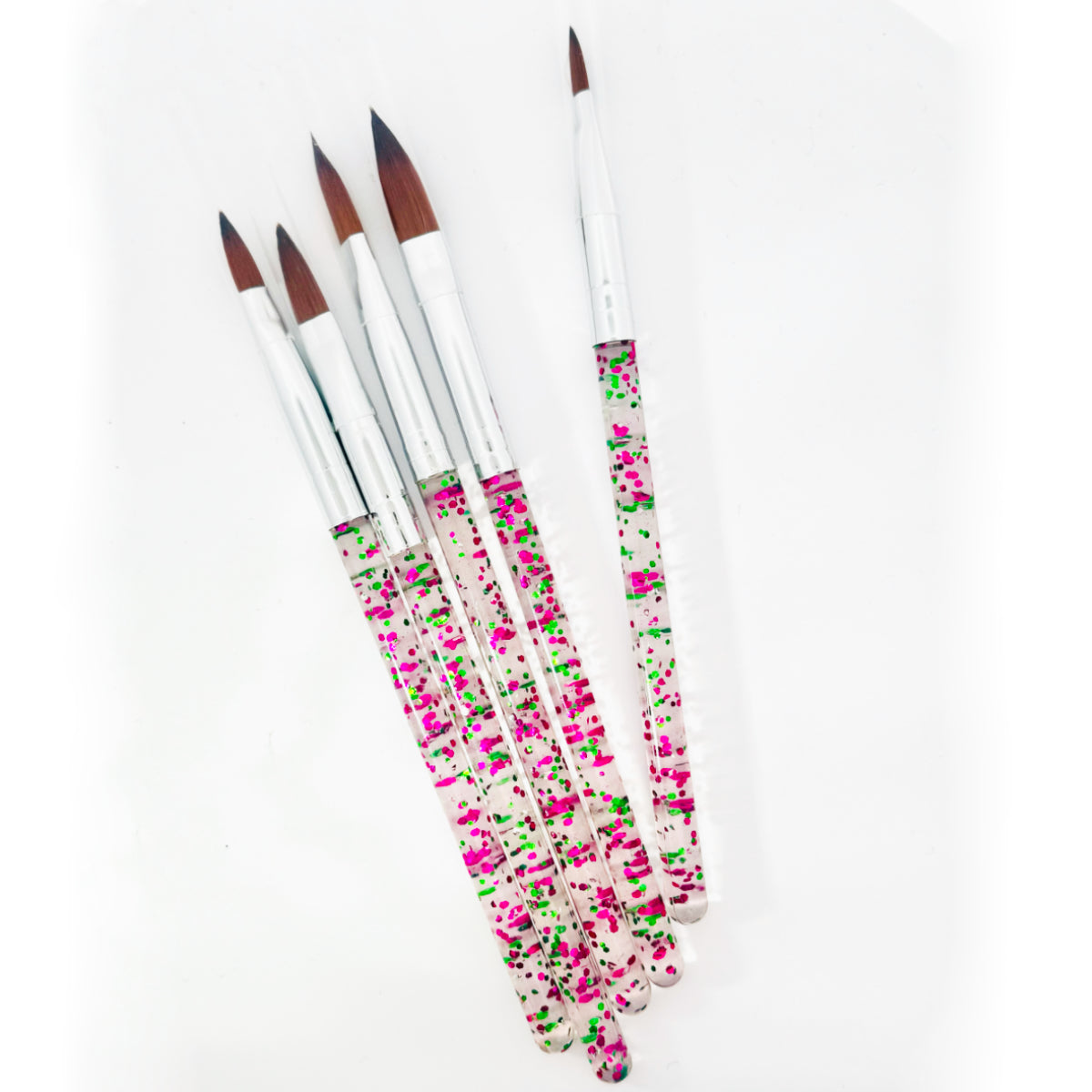 Set of 5 Acrylic Nail Brushes with Pink & Green Glitter Handles