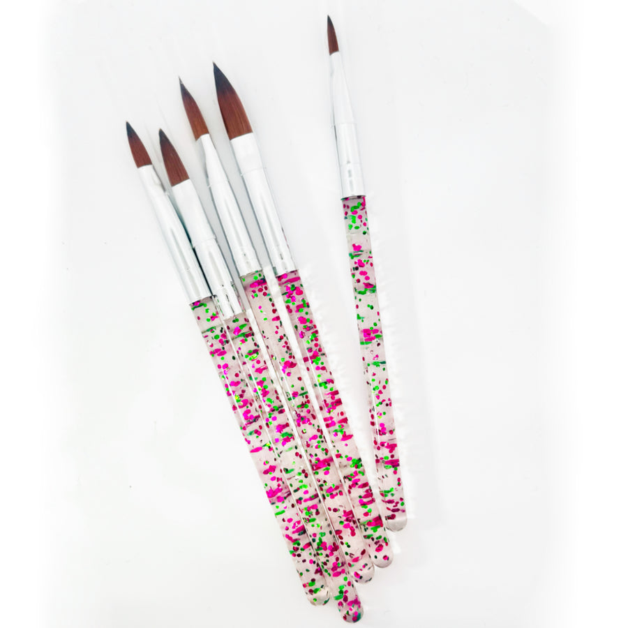 Set of 5 Acrylic Nail Brushes with Pink and Green Glitter Handles