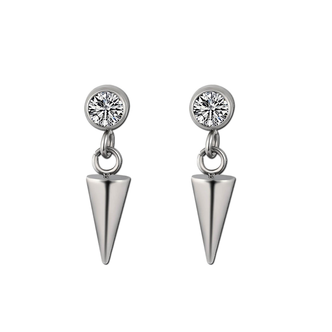 Clear Gem Earrings with Dangle Spike Charm - Implant Grade Titanium