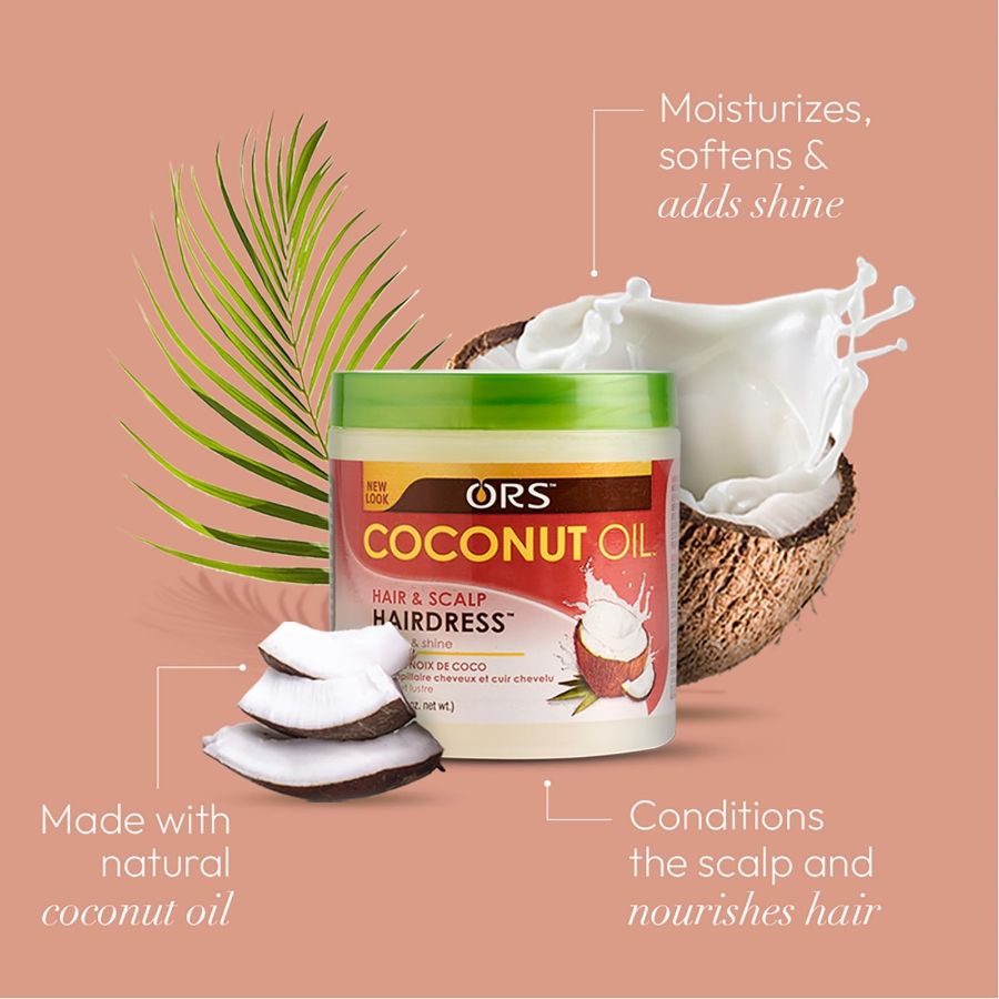 Tub of coconut oil with a picture of a coconut behind it, a palm leaf and open segments of coconut infront. Illustrations detail the benefits in white text on a peachy beige background