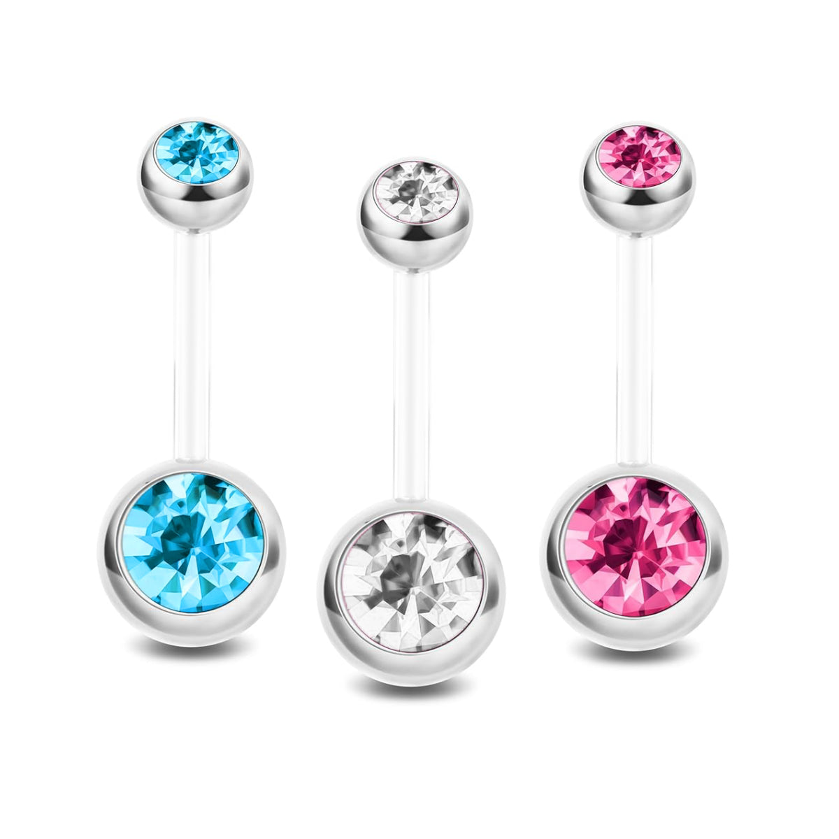 Dual Gem Navel Bar Bioplastic Stem & Implant Grade Titanium Balls 10mm