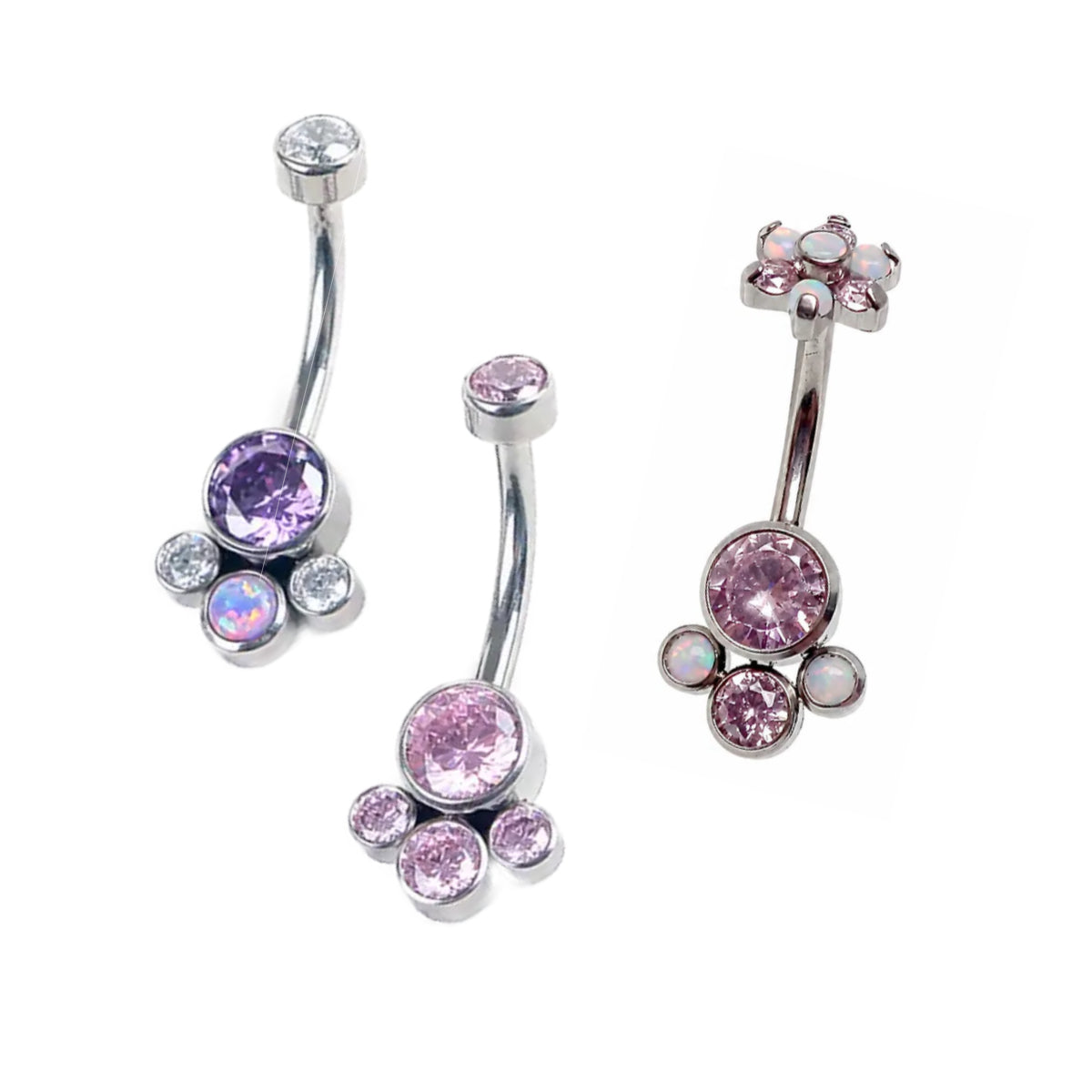Opal & Gem Cluster Navel Bar Purple & Pink - Implant Grade Titanium 10mm