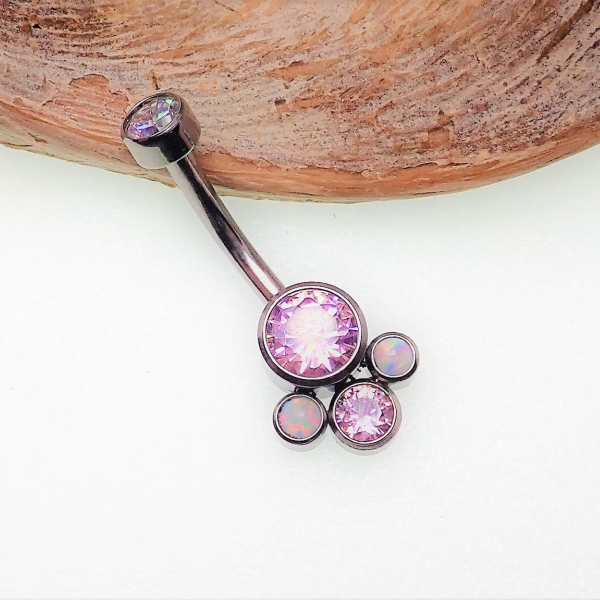 Opal & Gem Cluster Navel Bar Purple & Pink - Implant Grade Titanium 10mm