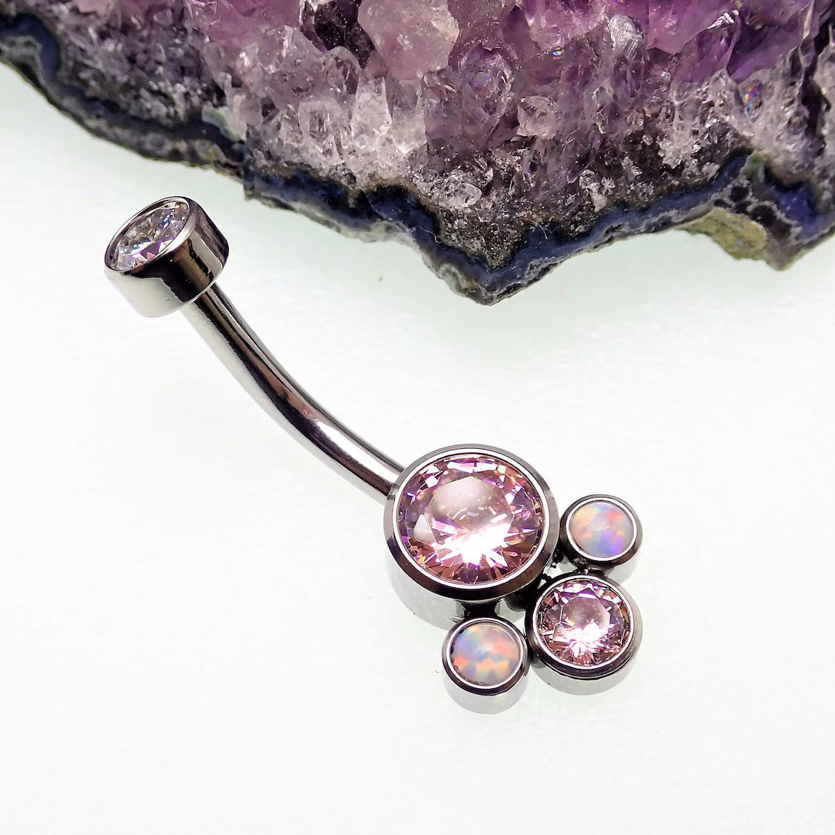 Opal & Gem Cluster Navel Bar Purple & Pink - Implant Grade Titanium 10mm
