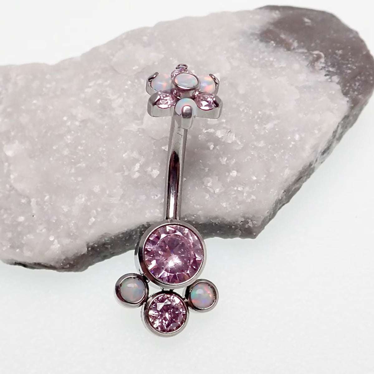 Opal & Gem Cluster Navel Bar Purple & Pink - Implant Grade Titanium 10mm