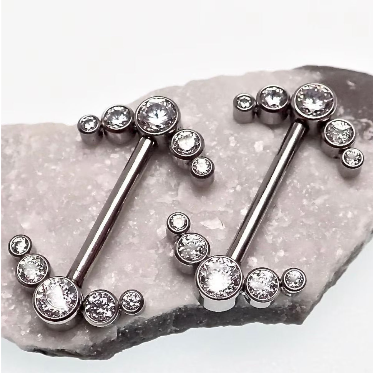 Silver Titanium Clear Gem Cluster Nipple Barbell - Implant Grade Titanium 14mm 16mm