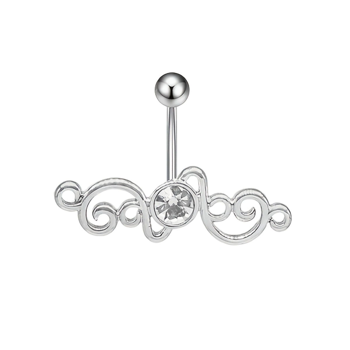 Silver Titanium Swirly Curved Barbell With Clear Gem - Implant Grade Titanium 8mm