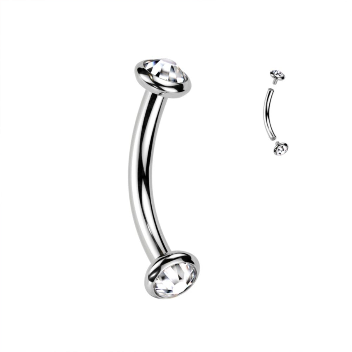Silver Titanium Curved Barbell With Clear Gems - Implant Grade Titanium 6mm
