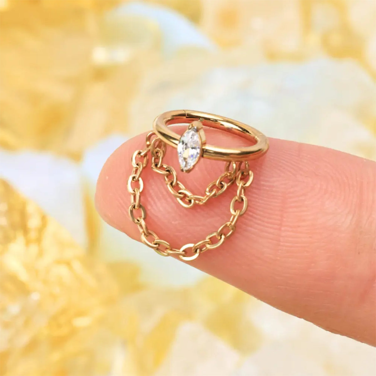 Clear Marquise Gem Gold Hoop with Dangle Chains -  Implant Grade Titanium - beauty spot warehouse