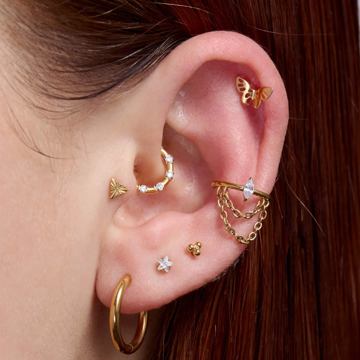 Clear Marquise Gem Gold Hoop with Dangle Chains -  Implant Grade Titanium - beauty spot warehouse