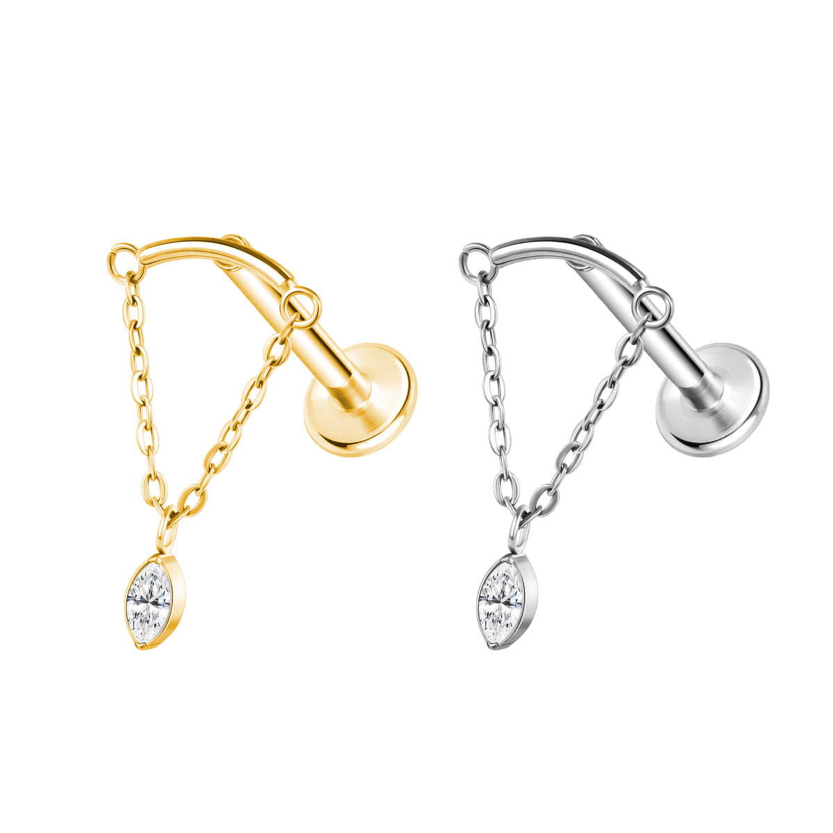 Curved Bar Hidden Helix Dangle Chain With Marquise Clear Gem - Implant Grade Titanium - beauty spot warehouse