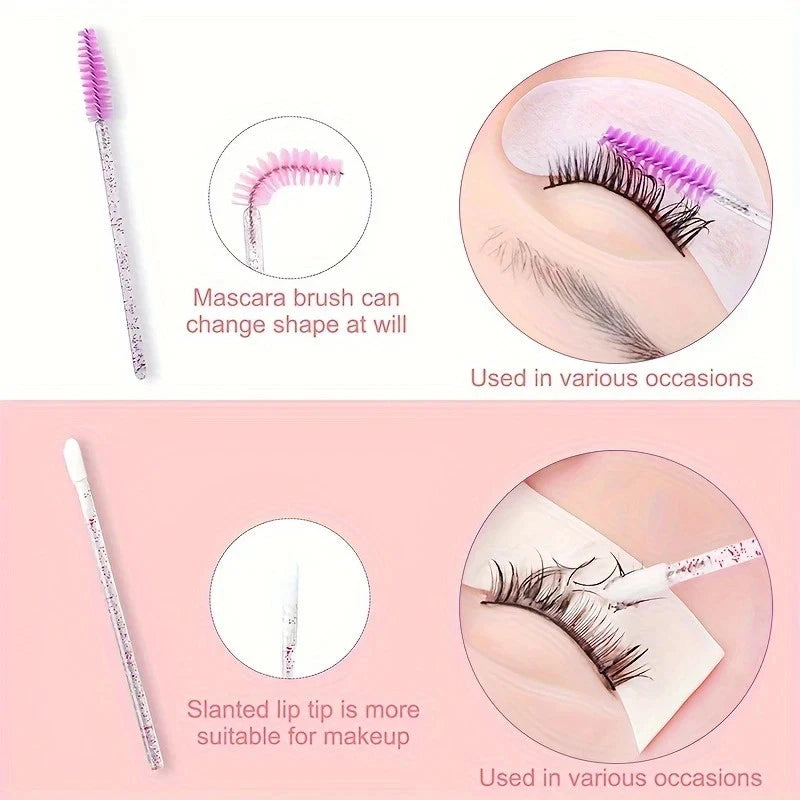 Mascara brush with pink bristle tip and slanted lip tip on a pink background