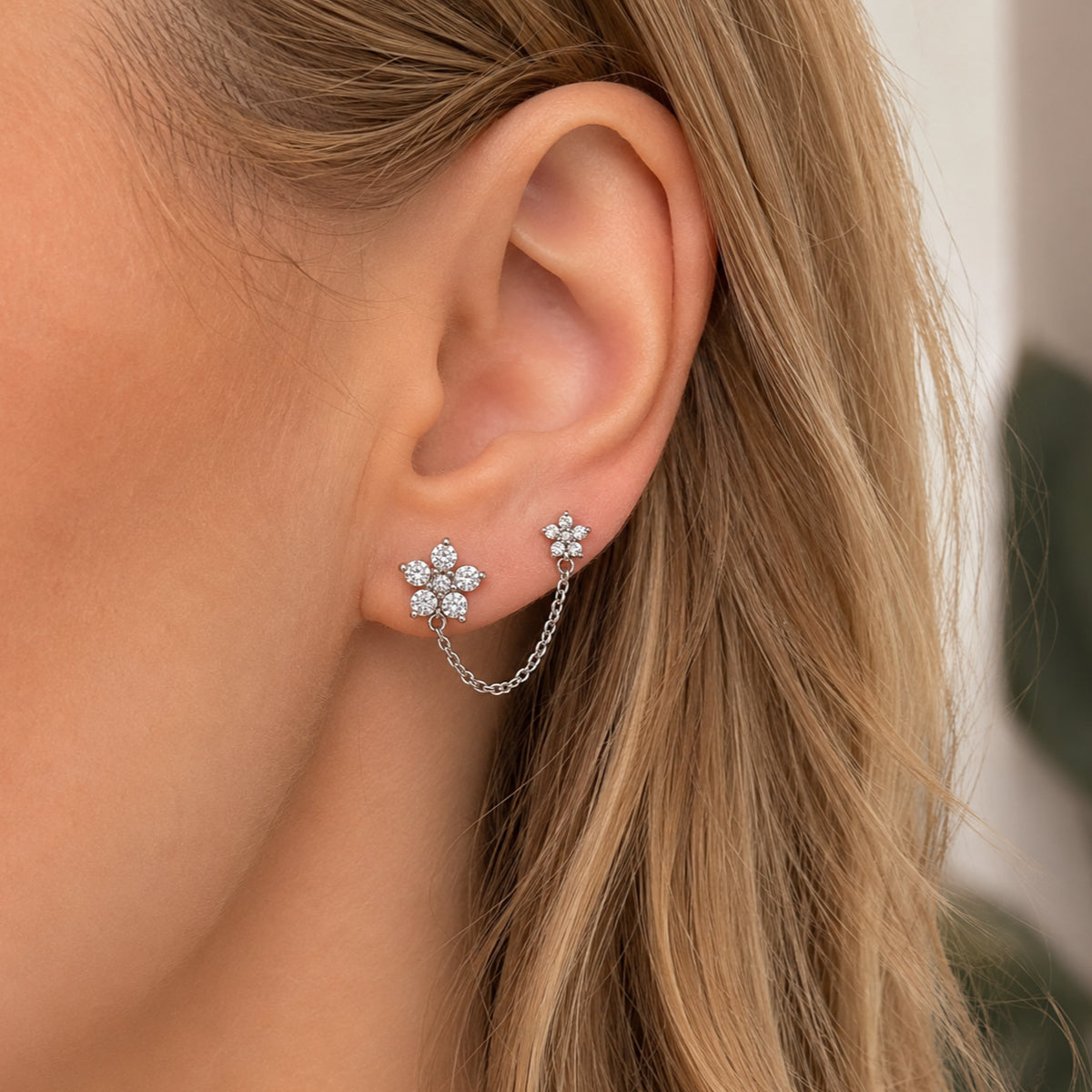 Diamante Flower Ear Chain 8mm & 10mm