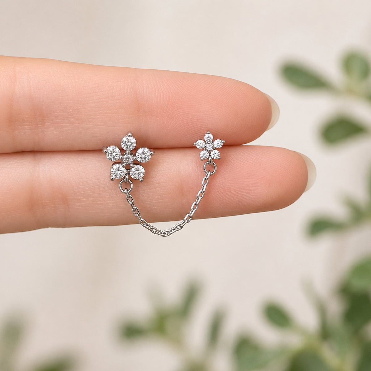 Diamante Flower Ear Chain 8mm & 10mm