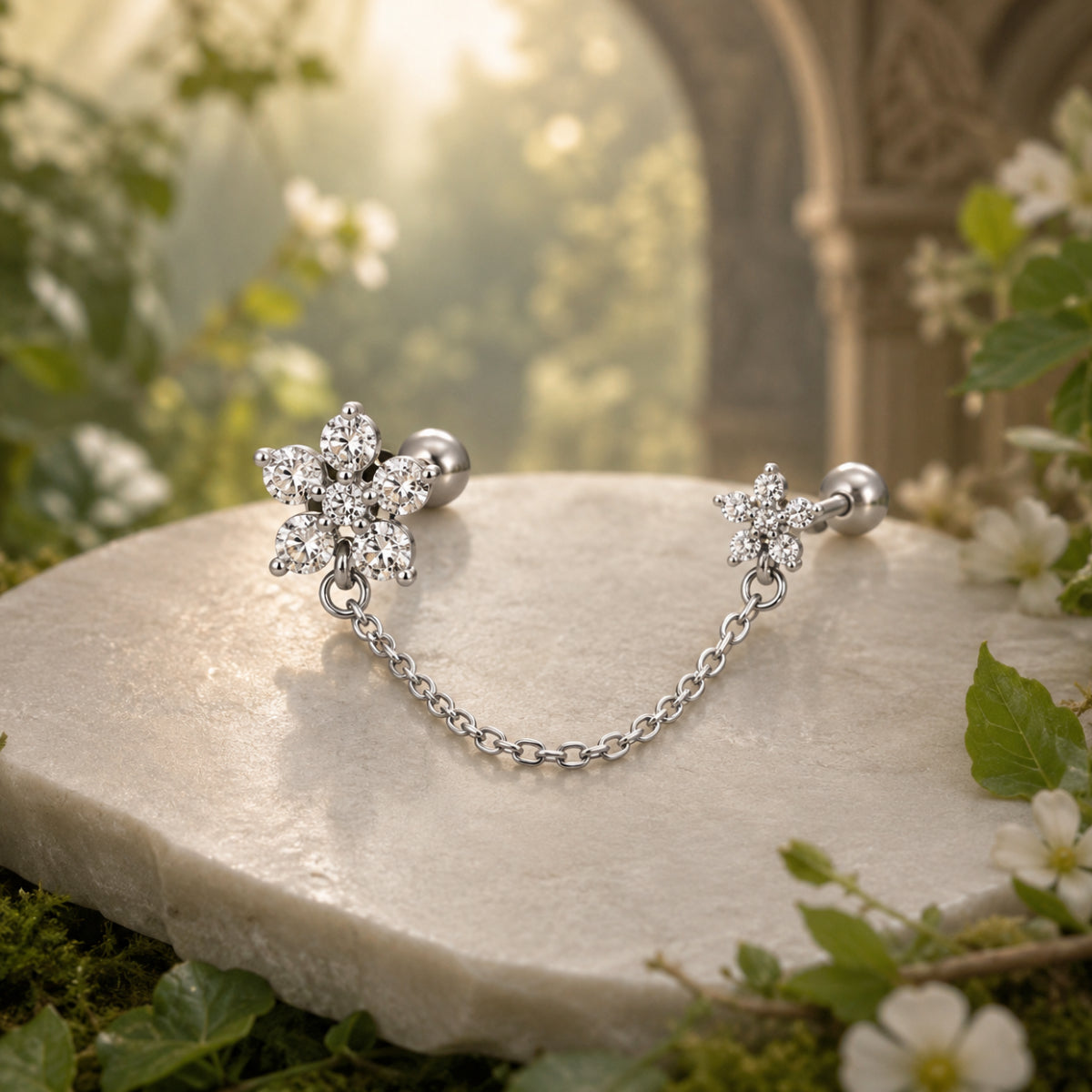 Diamante Flower Ear Chain 8mm & 10mm