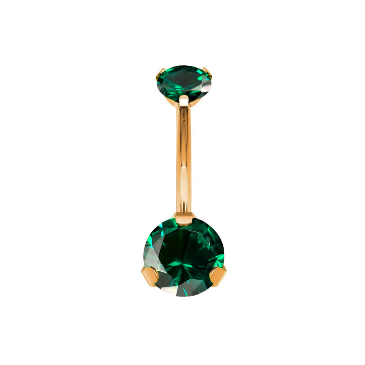 One single navel bar on a white background. deep emerald gem on the bottom and top