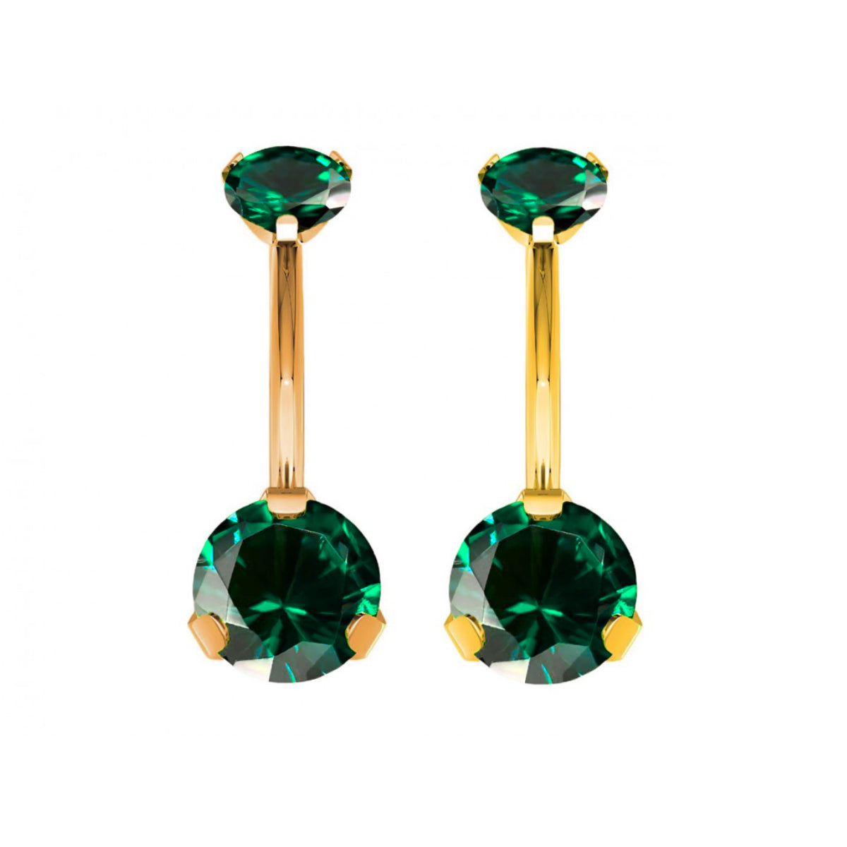 2 navel bars with deep emerald gems, one on the top and one on the bottom. One navel bar in a yellow gold, and one in a slightly rose gold colour.