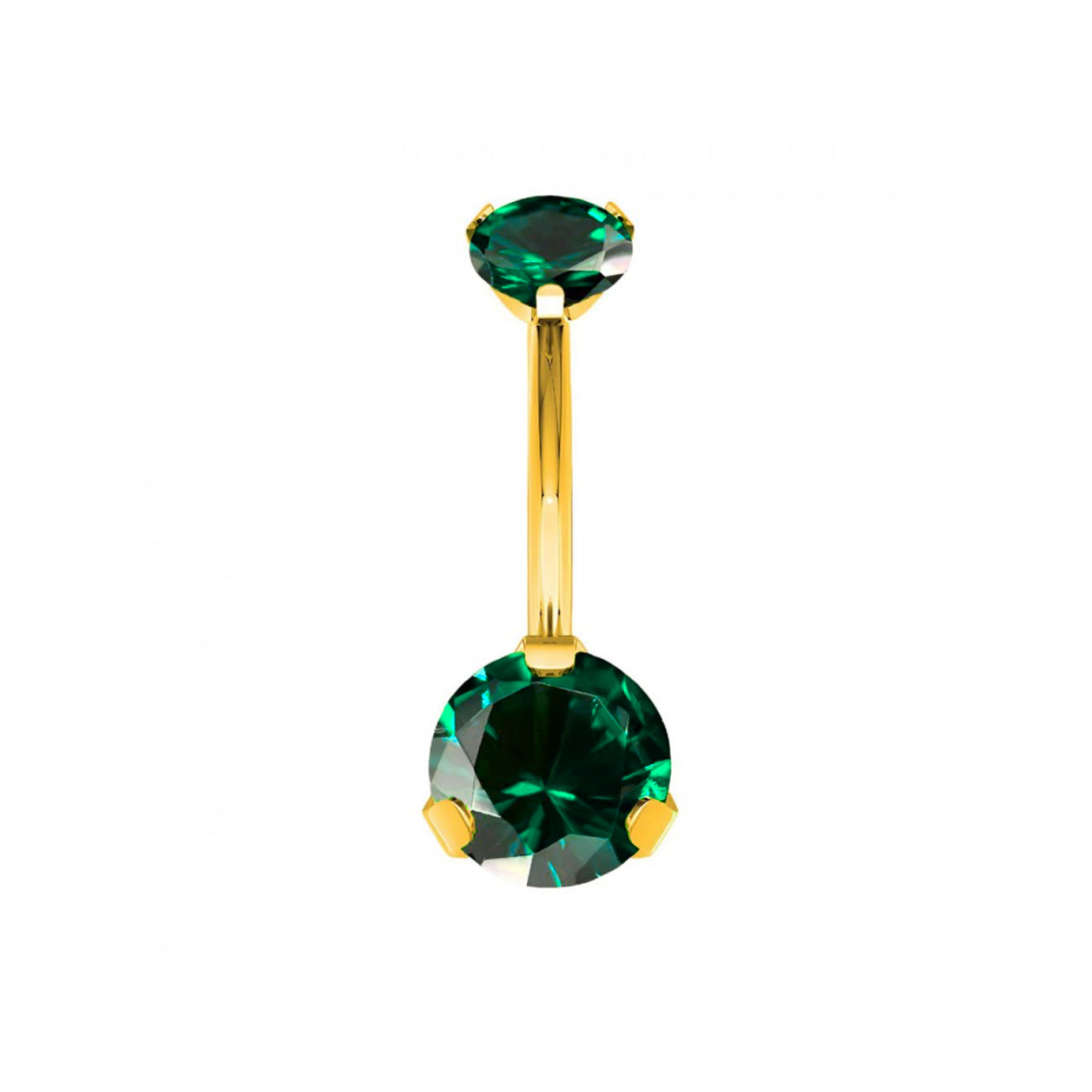 One single navel bar on a white background. deep emerald gem on the bottom and top - yellow gold titanium stem