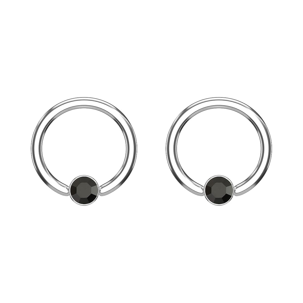 Pair of Silver Ball Closure Rings with Black Gem 10mm Hoop