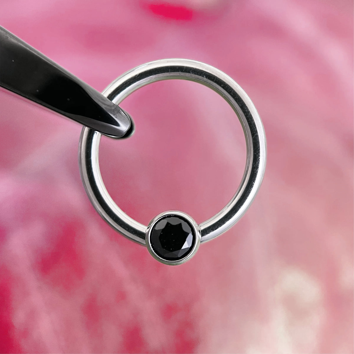 Pair of Silver Ball Closure Rings with Black Gem 10mm Hoop