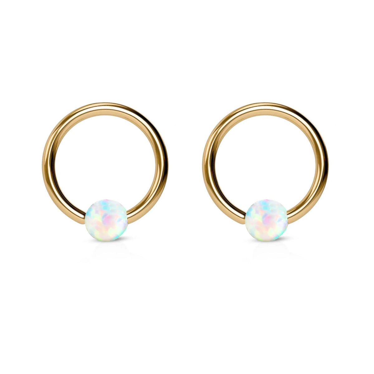 Pair of Gold 8mm BCR Rings with White & Rainbow Opal Ball Closure