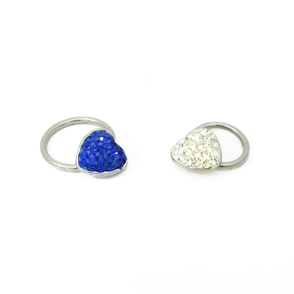 Set of Two Diamante Heart BCR Rings, Blue 10mm, Clear 8mm Hoops