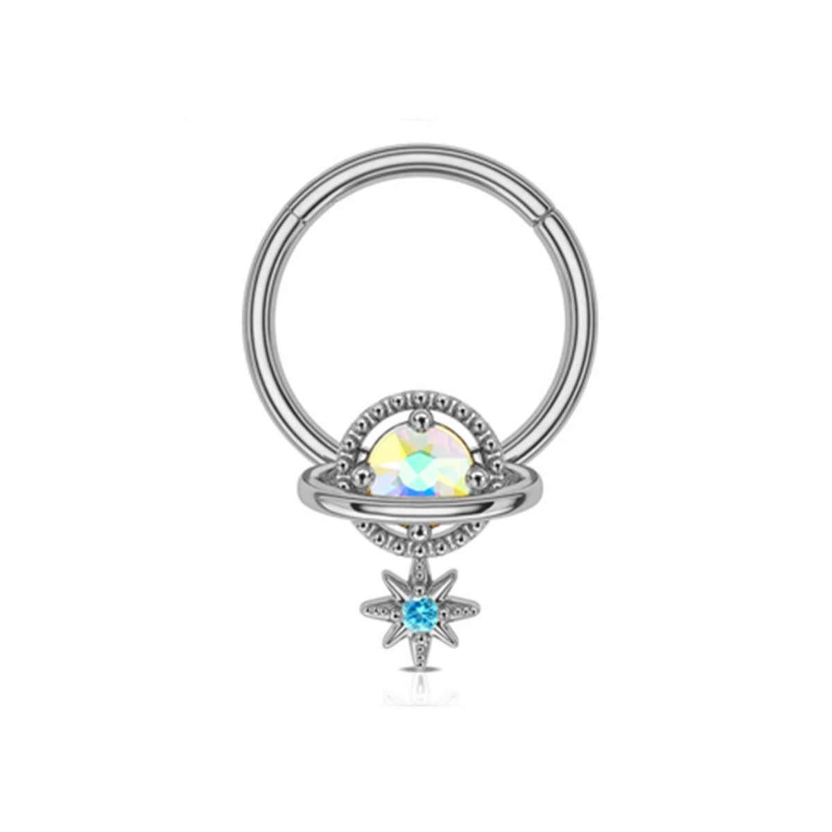 Saturn and Star Rhinestone Hinge Ring Clicker Blue Galaxy Planet Jewellery 8mm