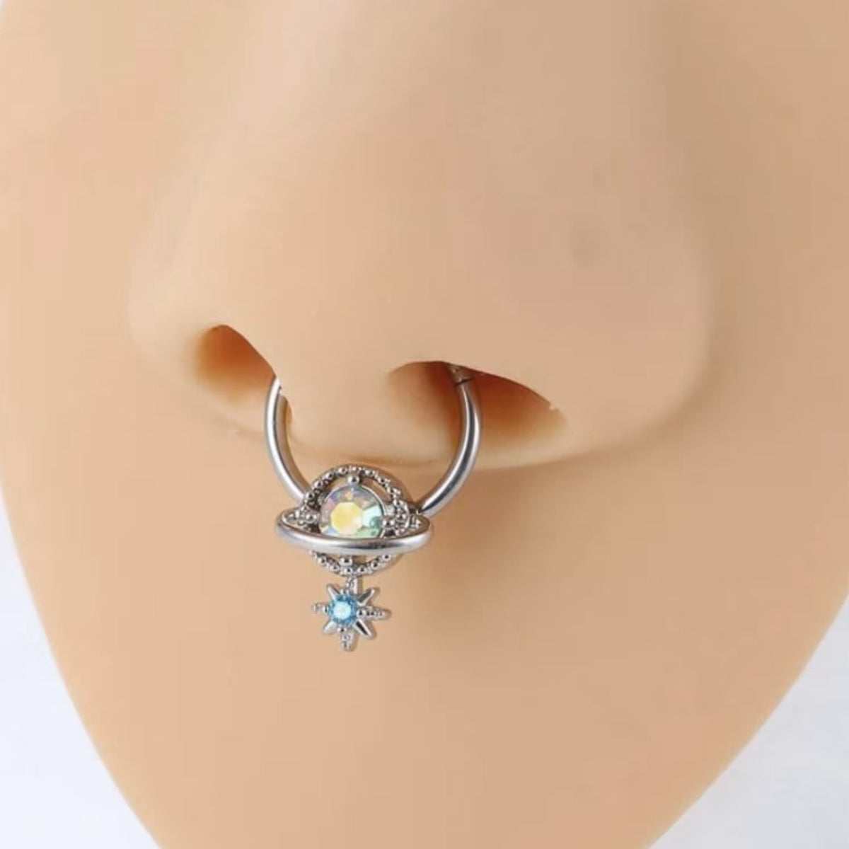 Saturn and Star Rhinestone Hinge Ring Clicker Blue Galaxy Planet Jewellery 8mm