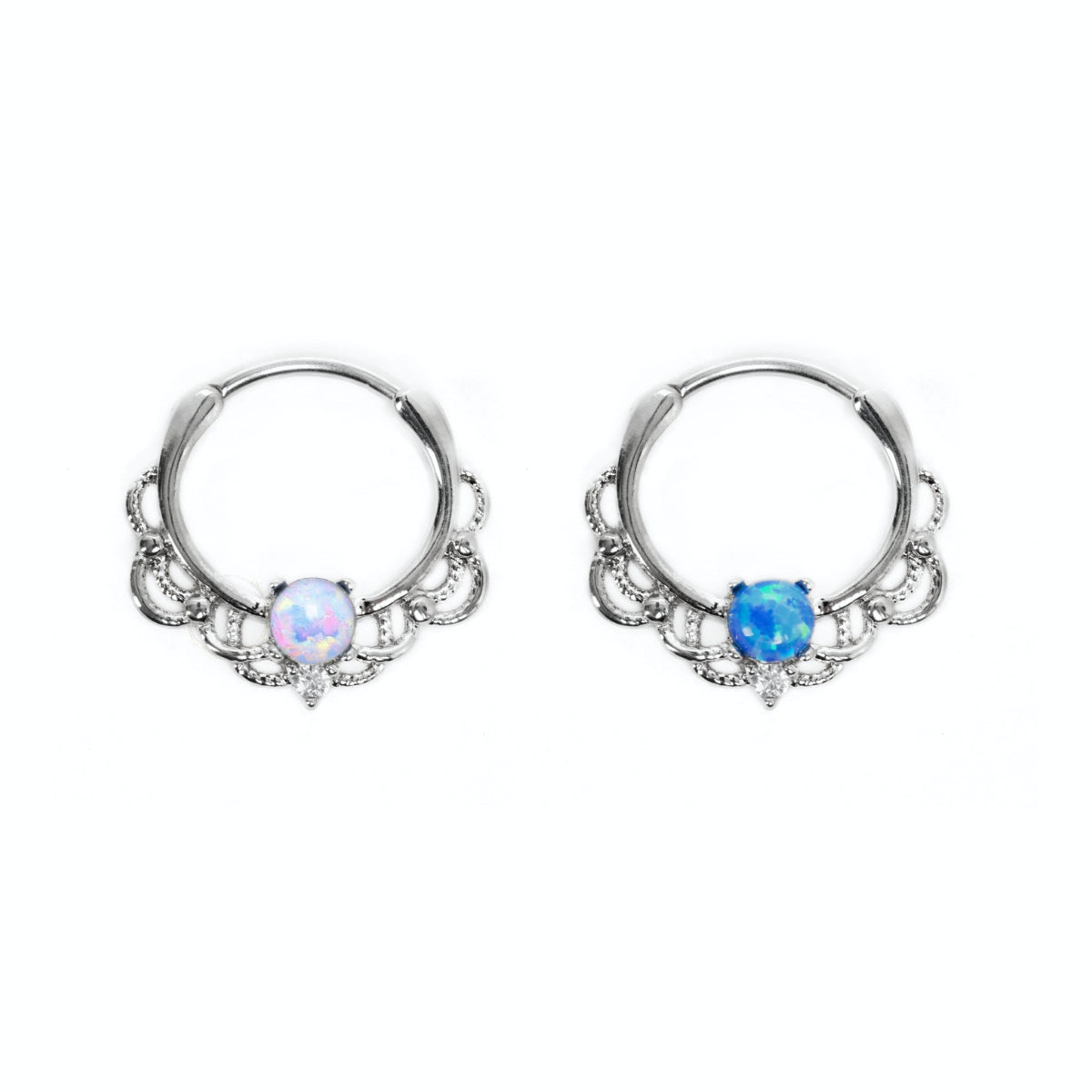 Set of 2 Opal and Diamante Ornate Dangle Detail Clickers 8mm Hinge Rings White & Blue
