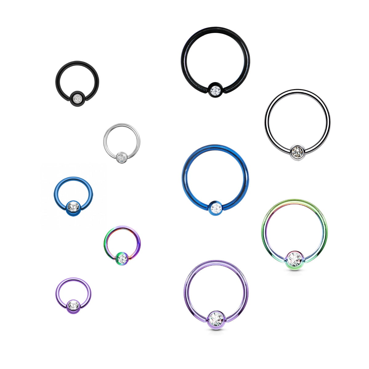 Pair of BCR Rings with Diamante Ball 8mm, 10mm, 12mm Jewellery