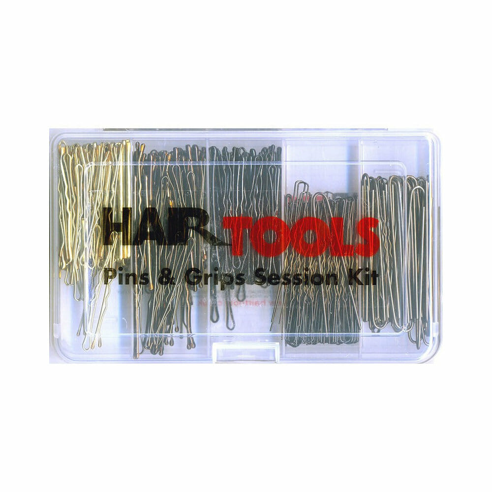 hair tools branded clear storage box with different colours and sizes of hair grips and pins visible inside