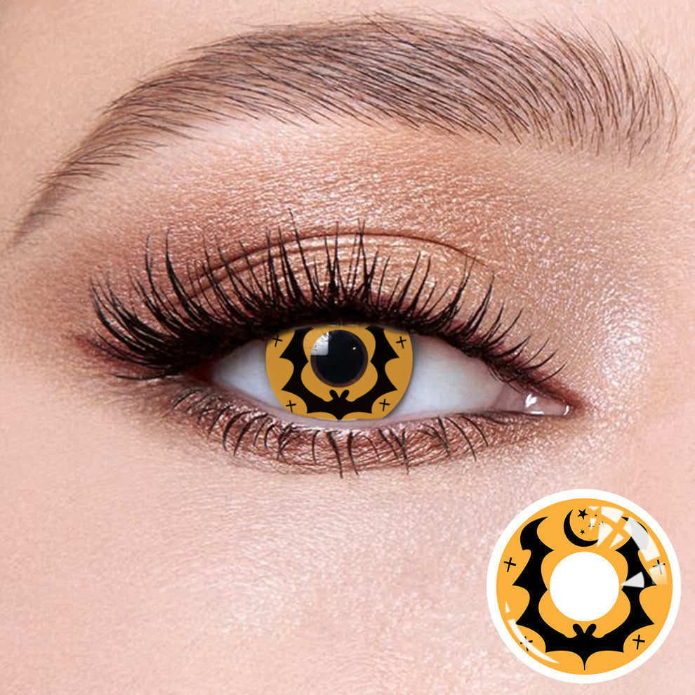 Close-up of an eye wearing orange and black contact lenses with a matching lclose up picture