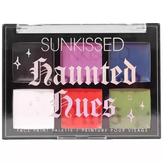 A cream-based face paint palette with six different shades, labeled 'Sunkissed Haunted Hues', suitable for creating Halloween makeup looks.