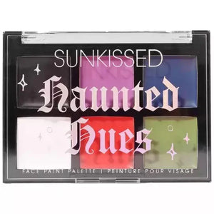 A cream-based face paint palette with six different shades, labeled 'Sunkissed Haunted Hues', suitable for creating Halloween makeup looks.