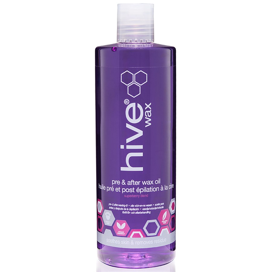 Purple bottle of Hive wax pre and after wax oil on a white background