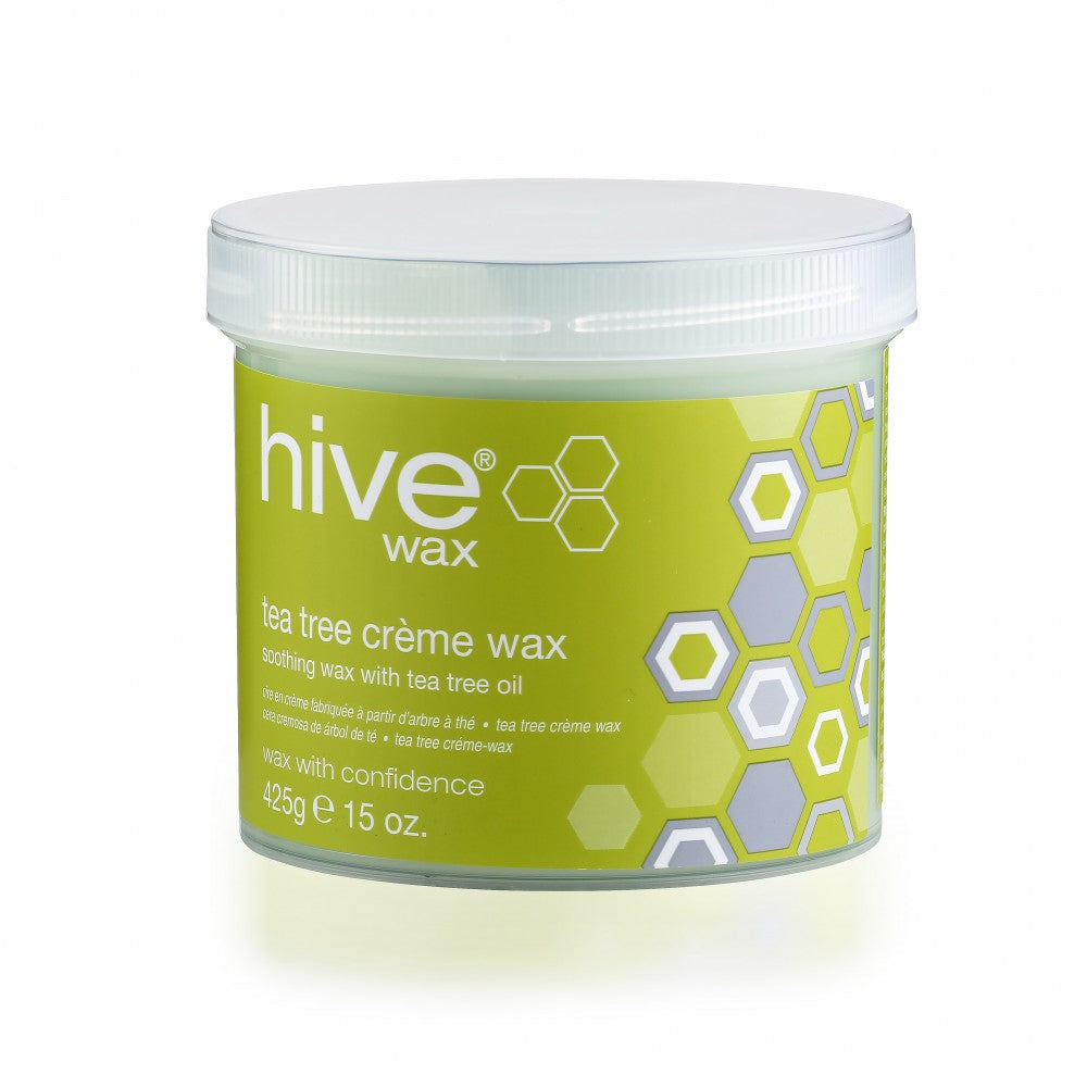 Jar of Hive Tea Tree Creme Wax with a green label on a white background